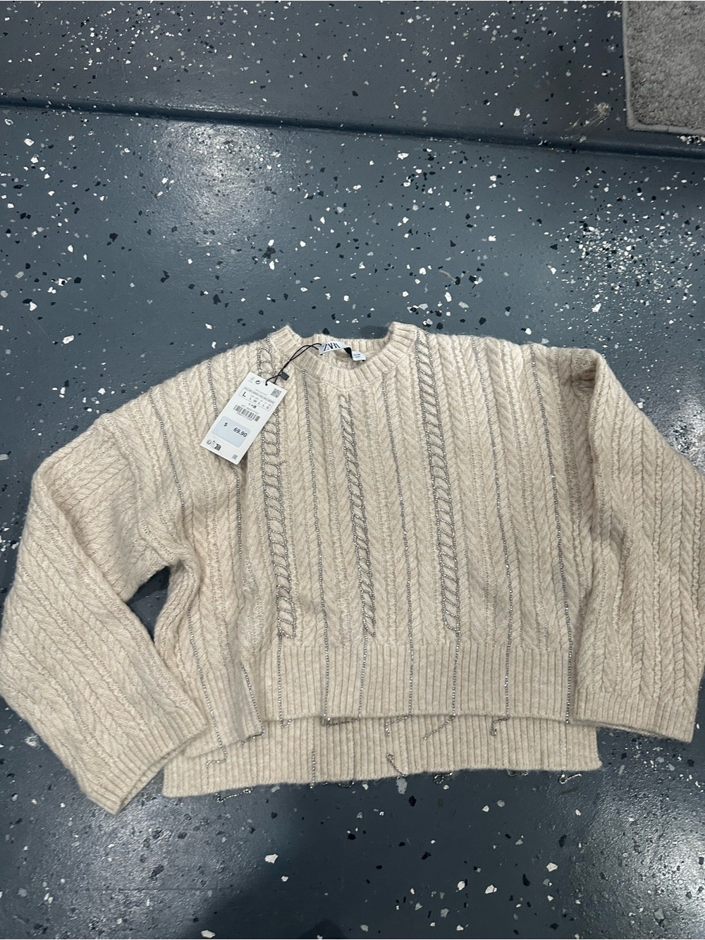 Zara Cream Cable-Knit Crewneck Sweater